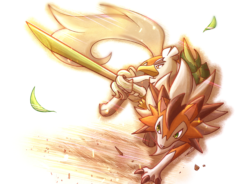 animal_focus bird brown_eyes claws duck food gen_7_pokemon gen_8_pokemon green_eyes holding holding_food holding_vegetable leaf lycanroc lycanroc_(dusk) nintendo no_humans pokemon pokemon_(creature) riding running shuri_(syurigame) sirfetch&#039;d spring_onion thick_eyebrows v-shaped_eyebrows vegetable wolf