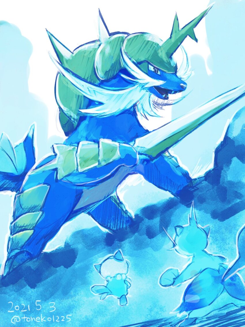 blue_theme commentary_request dated dewott evolutionary_line fangs gen_5_pokemon highres holding holding_sword holding_weapon nintendo no_humans open_mouth oshawott pokemon pokemon_(creature) samurott seashell shell smile sword toneko twitter_username weapon