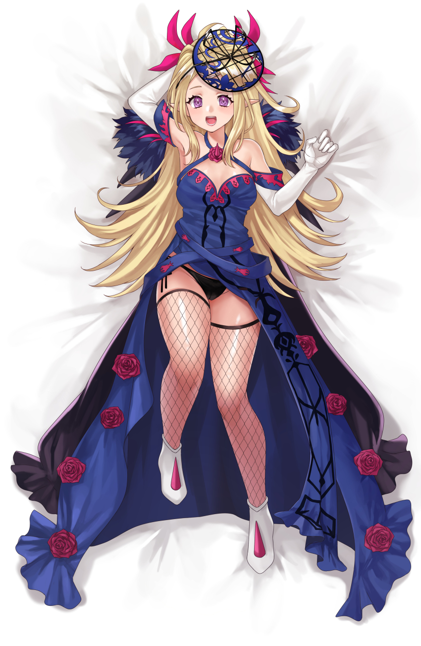 1girl :d absurdres alternate_costume arm_up armpits bare_shoulders black_panties blonde_hair blue_dress breasts cameltoe cleavage cosplay criss-cross_halter detached_sleeves dress elbow_gloves fire_emblem fire_emblem_awakening fire_emblem_engage fishnet_thighhighs fishnets gloves halterneck hazuki_(nyorosuke) highres ivy_(fire_emblem) ivy_(fire_emblem)_(cosplay) long_hair looking_at_viewer nintendo nowi_(fire_emblem) open_mouth panties pelvic_curtain pointy_ears purple_eyes shoes short_sleeves small_breasts smile solo thighhighs thighs underwear very_long_hair white_gloves white_shoes