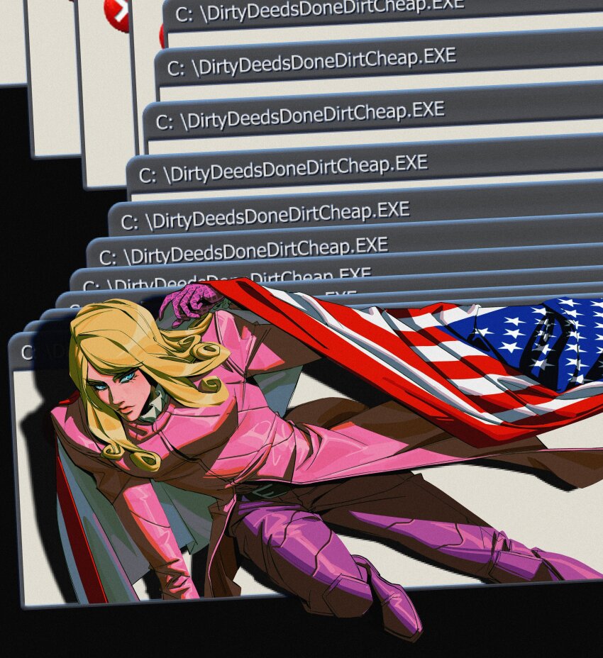 1boy absurdres american_flag blonde_hair blue_eyes closed_mouth coat commentary curly_hair english_commentary funny_valentine gloves haddockkkk highres jojo_no_kimyou_na_bouken male_focus pants pink_coat purple_gloves purple_pants solo steel_ball_run window_(computing)