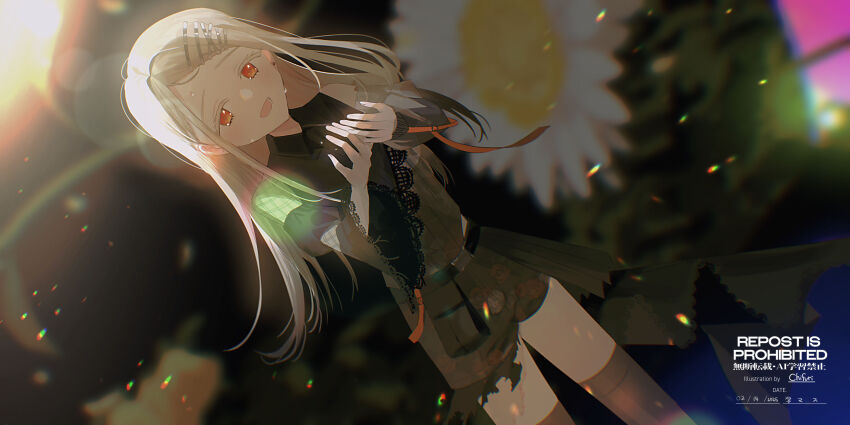 1girl :d black_shirt black_shorts blurry blurry_background brown_hair brown_thighhighs chihuri collared_shirt dated depth_of_field dutch_angle floral_print flower gakuen_idolmaster hair_ornament hairclip hands_up highres idolmaster long_hair long_sleeves open_mouth print_shirt print_shorts red_eyes rose_print shinosawa_hiro shirt shorts signature smile solo standing swept_bangs thighhighs very_long_hair watermark white_flower wide_sleeves x_hair_ornament