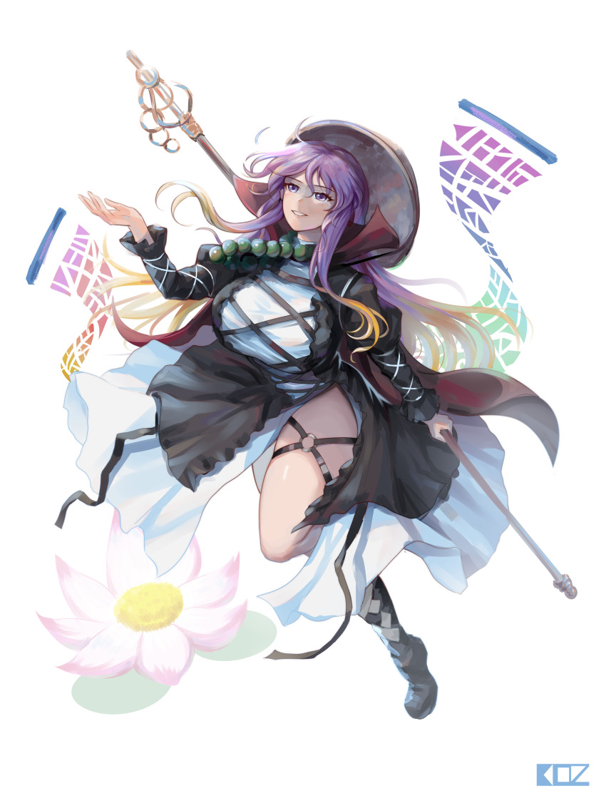 1girl absurdres ajirogasa black_boots black_dress blonde_hair boots breasts commentary dress edz_drawz english_commentary flower full_body gradient_hair grin hat highres hijiri_byakuren holding holding_staff large_breasts layered_dress long_hair long_sleeves lotus multicolored_hair o-ring o-ring_thigh_strap pink_flower purple_eyes purple_hair shakujou sidelocks simple_background smile solo sorcerer&#039;s_sutra_scroll staff thigh_strap touhou transparent_background white_dress