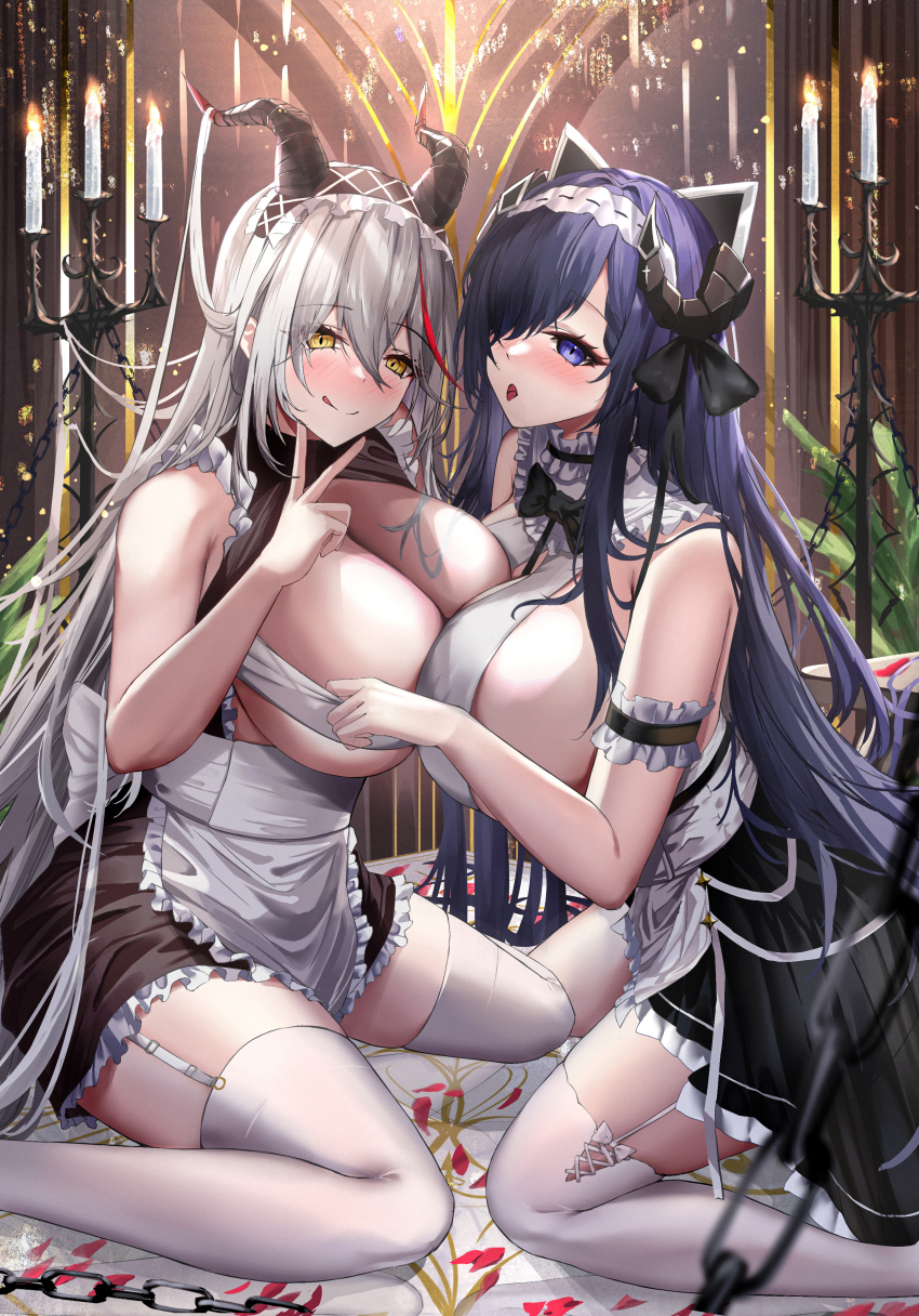 2girls absurdres aegir_(azur_lane) aegir_(iron_blood&#039;s_dragon_maid)_(azur_lane) apron armband august_von_parseval_(azur_lane) august_von_parseval_(the_conquered_unhulde)_(azur_lane) azur_lane bare_shoulders black_horns blush_stickers breast_on_breast breast_press breasts candle candlestand cleavage curled_horns frilled_armband frilled_sleeves frills garter_straps grey_hair hair_between_eyes highres horns huge_breasts indoors kirisamede_gzr kneeling long_hair looking_at_viewer maid multicolored_hair multiple_girls open_mouth petals purple_eyes purple_hair red_streaks sideboob skirt smile streaked_hair symmetrical_docking thighhighs thighs tongue tongue_out underboob very_long_hair waist_apron white_apron white_thighhighs yellow_eyes