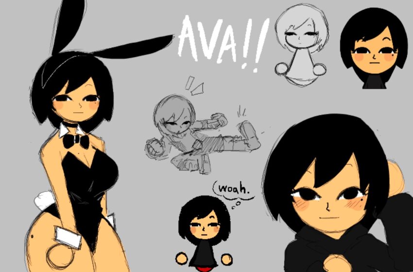 :| black_hair black_hoodie blank_stare breasts closed_mouth cuffs disembodied_hand english_text gazoogaloo grey_background hood hoodie kicking leotard light_smile mii_(nintendo) mii_brawler mole mole_on_breast mole_on_thigh mole_under_eye nintendo playboy_bunny short_hair speech_bubble thought_bubble