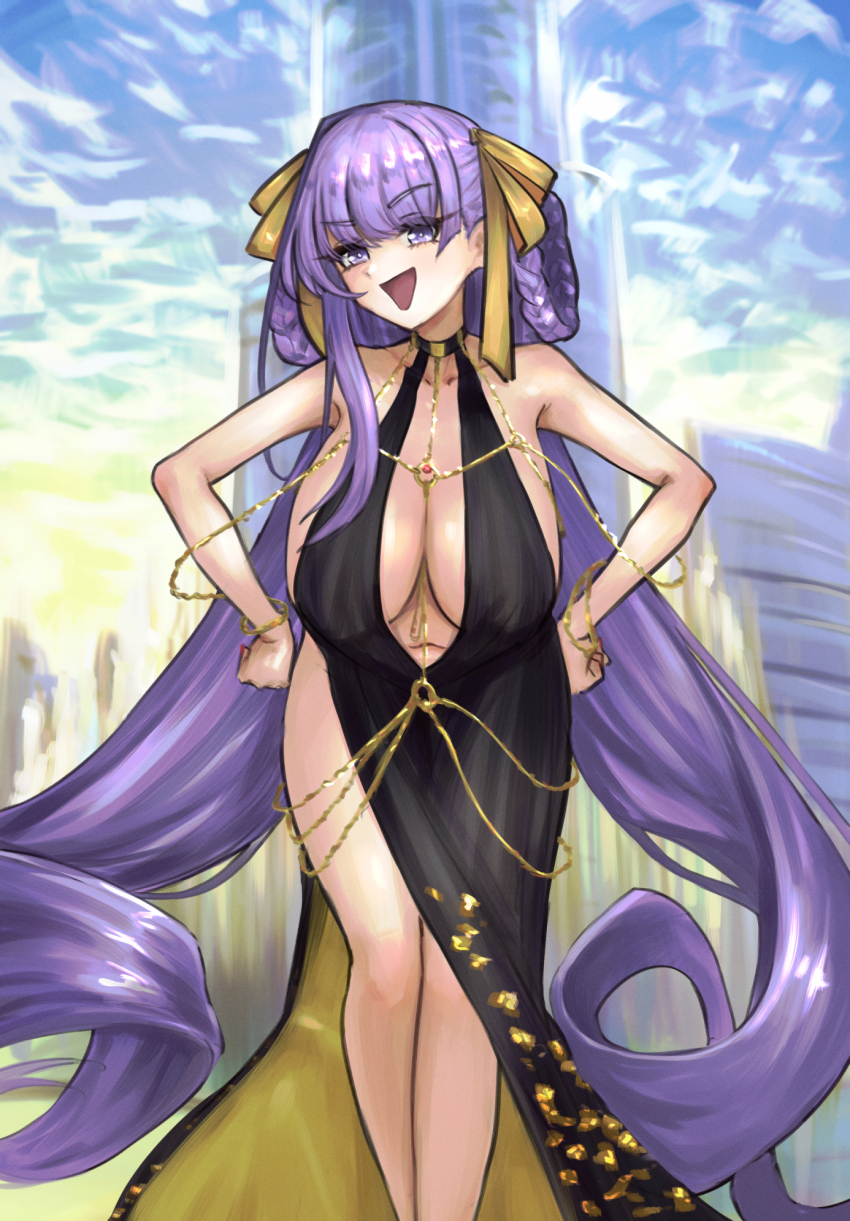 1girl bare_shoulders bb_dubai_(fate) black_dress blue_sky braid braided_hair_rings breasts center_opening cleavage dress fate/grand_order fate_(series) gold_dress hair_ribbon hair_rings highres large_breasts leaning_forward long_hair looking_at_viewer nail_polish navel open_mouth purple_eyes purple_hair ribbon side_slit sky smile solo thighs tomare_(akashingou) twin_braids two-tone_dress very_long_hair yellow_ribbon