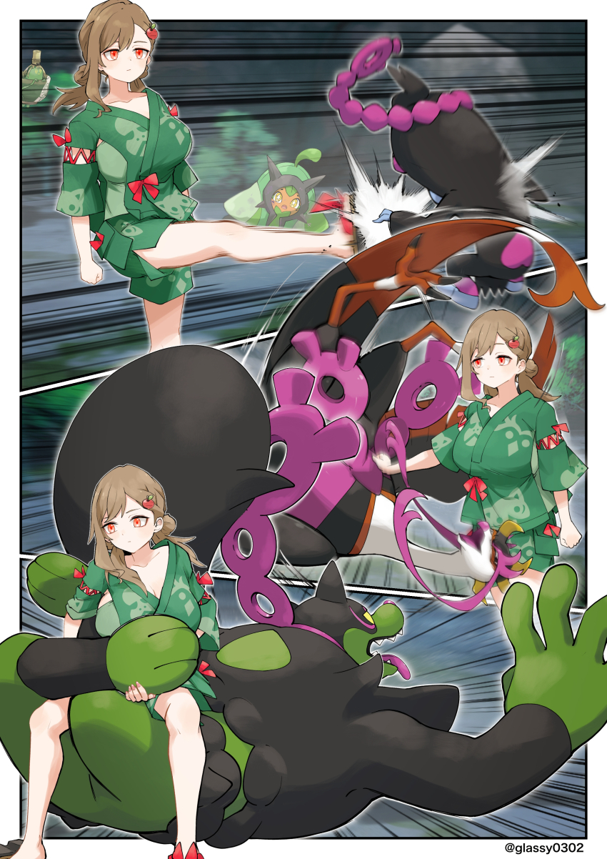 1other 2girls 3boys absurdres alpha_pokemon angry animal_focus aura bird bird_tail black_fur breasts bright_pupils brown_hair bush closed_mouth expressionless falling femdom fezandipiti forest gameplay_mechanics gen_9_pokemon glassy0302 glowing glowing_eyes grass green_fur grin hair_ornament highres humiliation injury japanese_clothes jinbei_(clothes) kicking kimono kuraishi_rinngo large_breasts legendary_pokemon looking_at_another multiple_boys multiple_girls munkidori nature nintendo ogerpon okidogi original outdoors pain parody pokemon pokemon_(creature) pokemon_sv restrained revenge sinistcha smile tail talons teeth tree two-tone_fur white_pupils wings yellow_eyes
