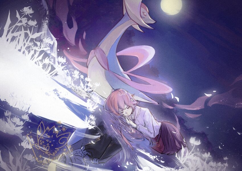 1girl bright_pupils closed_eyes closed_mouth cresselia floating full_body full_moon gen_4_pokemon glowing highres legendary_pokemon looking_up lying moon night night_sky nintendo on_side outdoors pink_eyes pink_hair pokemon pokemon_(creature) red_skirt robinlovesop sailor_collar shirt skirt sky sleeping white_pupils white_shirt