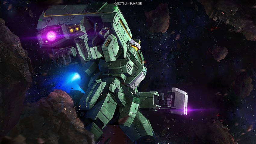asteroid camera copyright_logo debris earth_federation_space_forces ewac_jegan glowing gundam gundam_battle_operation_2 gundam_unicorn highres jegan laser_pointer machinery mecha mecha_focus mobile_suit nebula no_humans official_art painting_(medium) realistic robot scan science_fiction sky space star_(sky) starry_sky sunrise_(company) tenjin_hidetaka thrusters traditional_media yellow_visor