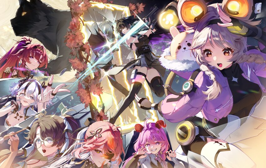 1boy 6+girls absurdres ahoge bare_shoulders black_cat black_flower black_gloves black_hair black_hairband blake_bloom_(wuthering_waves) breasts broken_glass brown_hair camellya_(wuthering_waves) cat changli_(wuthering_waves) circle_facial_mark claw_pose collar collarbone colored_extremities commentary_request crazy_smile different_reflection dual_persona earrings elbow_pads encore_(wuthering_waves) energy_sword everyone female_rover_(wuthering_waves) finger_to_mouth fingerless_gloves flower fur-trimmed_jacket fur_trim glass glasses gloves grin hair_flower hair_ornament hair_ribbon hair_stick hairband hand_up highres holding holding_sword holding_weapon horns jacket jewelry korean_commentary looking_at_viewer lumi_(wuthering_waves) male_rover_(wuthering_waves) medium_breasts multicolored_hair multiple_girls open_clothes open_jacket open_mouth orange_eyes pink_hair pink_jacket pointy_ears purple_eyes red_hair red_hands red_horns red_pupils reflection ribbon round_eyewear rover_(wuthering_waves) shushing small_breasts smile sword tacet_mark_(wuthering_waves) thick_eyebrows thighs two-tone_hair weapon white_collar white_eyes white_hair white_ribbon wuthering_waves yellow_eyes yinlin_(wuthering_waves) yongo_(ssaa9675) zhezhi_(wuthering_waves)