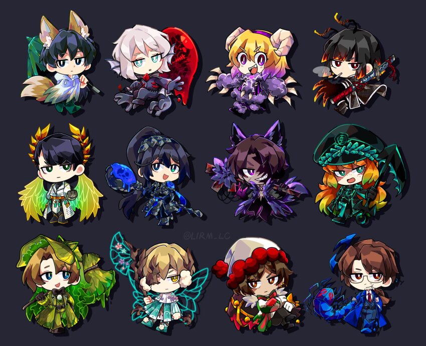 4th_match_flame_(e.g.o) 6+boys 6+girls aedd_(e.g.o) anchor angel_wings animal_ears aqua_eyes aqua_hair axe black_background black_bodysuit black_gloves blind_obsession_(e.g.o) blonde_hair blue_eyes bodysuit brown_eyes brown_hair cavernous_wailing_(e.g.o) coat don_quixote_(project_moon) e.g.o_(project_moon) effervescent_corrosion_(e.g.o) electric_screaming_(e.g.o) fairy_wings fangs faust_(project_moon) fins fluid_sac_(e.g.o) fox_ears fox_tail gloves green_coat gregor_(project_moon) hammer head_fins heathcliff_(project_moon) highres holding holding_anchor holding_axe holding_hammer holiday_(e.g.o) hong_lu_(project_moon) horns ishmael_(project_moon) lantern_(e.g.o) laurels limbus_company lirm_lc long_hair long_sleeves meursault_(project_moon) multiple_boys multiple_girls open_mouth orange_hair outis_(project_moon) project_moon purple_eyes pursuance_(e.g.o) rodion_(project_moon) ryoshu_(project_moon) sheep_horns short_hair sidelocks sinclair_(project_moon) smile sunshower_(e.g.o) tail telepole_(e.g.o) very_long_hair white_hair wings wolf_ears wolf_tail yi_sang_(project_moon)