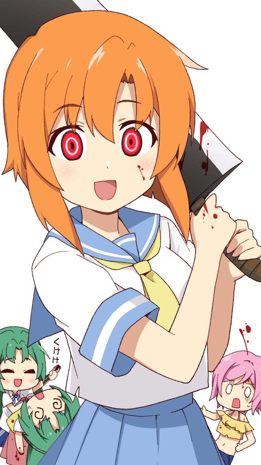 1girl 4girls @_@ blood blood_on_face bloody_weapon blue_sailor_collar blush_stickers collared_shirt constricted_pupils crazy crazy_eyes crazy_smile crop_top dot_nose empty_eyes green_hair highres higurashi_no_naku_koro_ni holding holding_weapon long_hair looking_at_viewer mamiya_rina multiple_girls nata_(tool) navel neckerchief open_mouth orange_hair parted_bangs pleated_skirt ponytail ryuuguu_rena sailor_collar school_uniform serafuku shirt short_hair short_sleeves siblings sidelocks sisters skirt smile sonozaki_mion sonozaki_shion summer_uniform sweatdrop tonogai_yoshiki twins weapon white_background white_serafuku white_shirt yellow_neckerchief