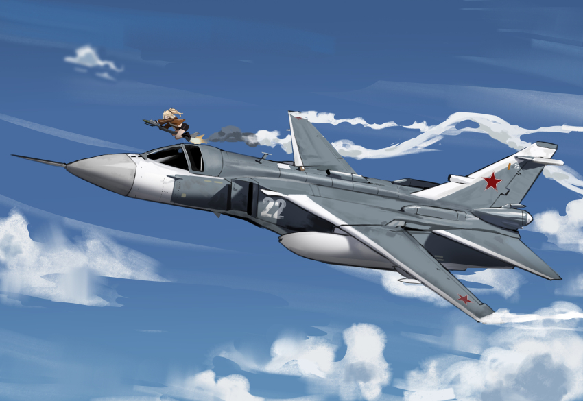 1girl absurdres afu_(amzs8345) aircraft airplane black_boots black_shorts blonde_hair blue_sky boots broom broom_riding brown_jacket cloud contrail fighter_jet highres jacket lilya_(reverse:1999) long_hair mechanical_broom military_vehicle ponytail reverse:1999 shorts sky solo wide_shot