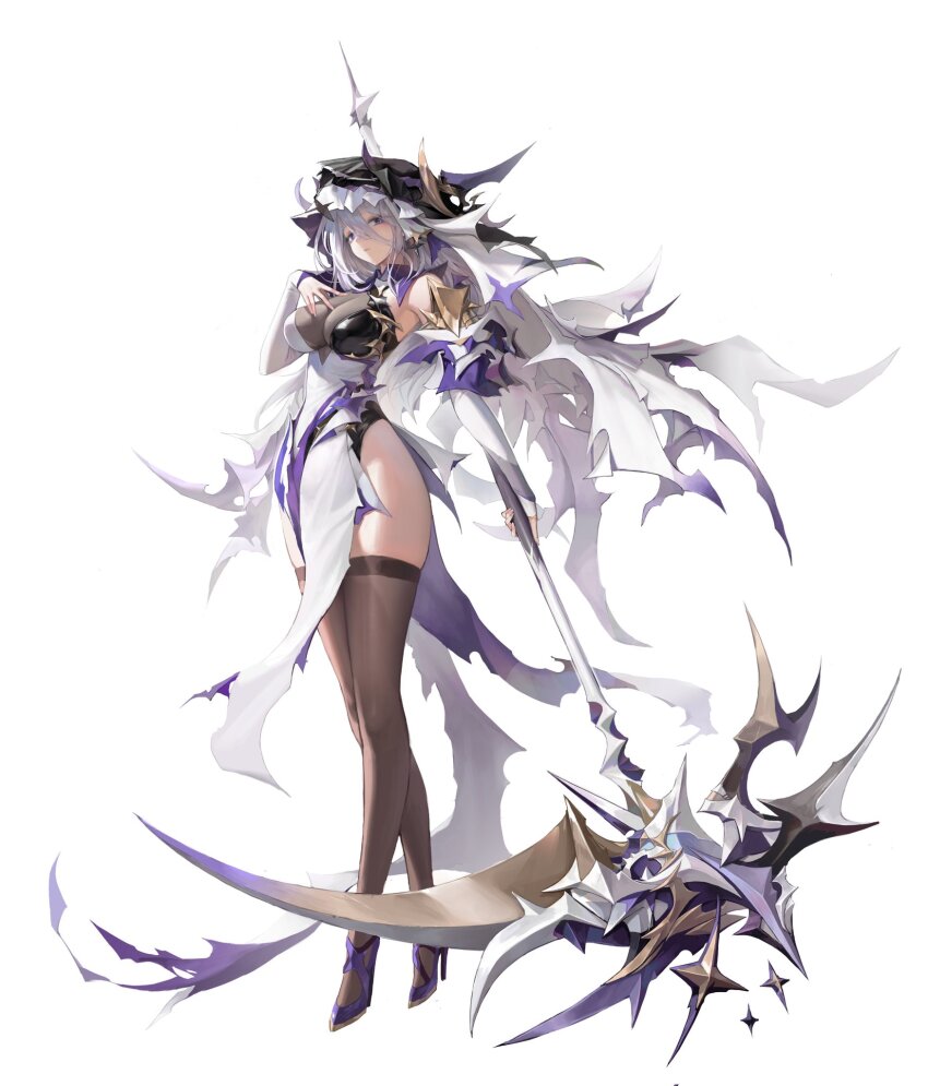 1girl bare_shoulders black_thighhighs breasts bridal_gauntlets brown_thighhighs cleavage detached_sleeves dress earrings elbow_gloves fingerless_gloves full_body gloves gonduming grey_hair hair_between_eyes hand_on_own_chest high_heels highres holding holding_scythe holding_weapon jewelry large_breasts leotard long_hair looking_at_viewer original pelvic_curtain purple_eyes purple_hair scythe simple_background skindentation solo standing thighhighs thighs torn_clothes transparent_background veil weapon white_background white_dress