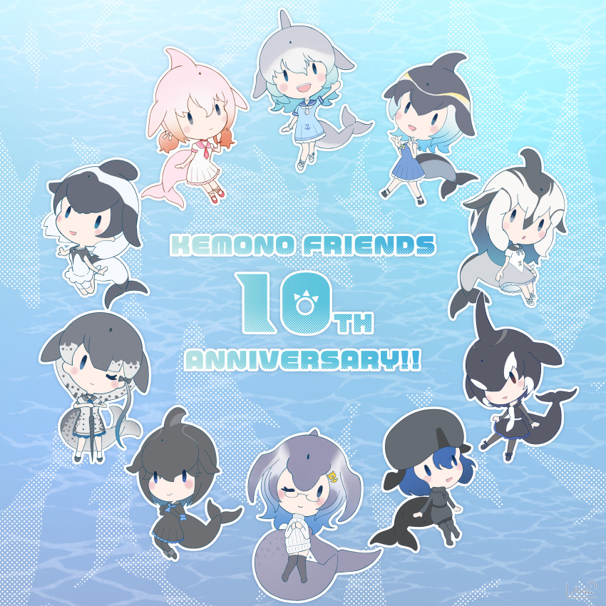 6+girls absurdres anniversary black_hair blue_hair blue_whale_(kemono_friends) cetacean_tail character_request chinese_white_dolphin_(kemono_friends) commerson&#039;s_dolphin_(kemono_friends) common_bottlenose_dolphin_(kemono_friends) common_dolphin_(kemono_friends) dolphin_girl dress fins fish_tail glasses grey_hair hat head_fins highres kemono_friends long_hair looking_at_viewer luichan multiple_girls narwhal_(kemono_friends) necktie ocean orca_(kemono_friends) pacific_white-sided_dolphin_(kemono_friends) pink_hair sailor_dress sandals short-finned_pilot_whale_(kemono_friends) short_hair tail white_hair