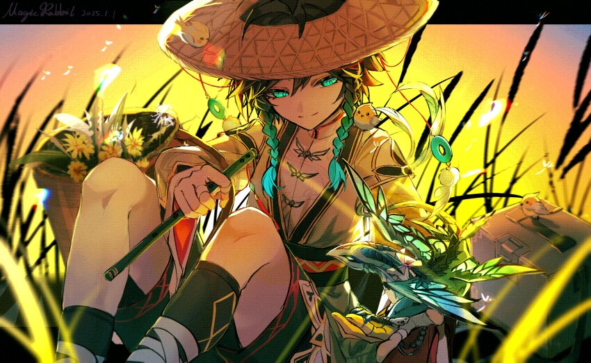 1boy alternate_costume androgynous artist_name bard box braid chinese_clothes dated dragon dragon_on_hand dvalin_(genshin_impact) flower flower_pot flute genshin_impact gradient_hair hat hat_feather highres holding holding_flute holding_instrument instrument male_focus mandarin_collar multicolored_hair muxi297 short_hair_with_long_locks small_dragon twin_braids venti_(genshin_impact)