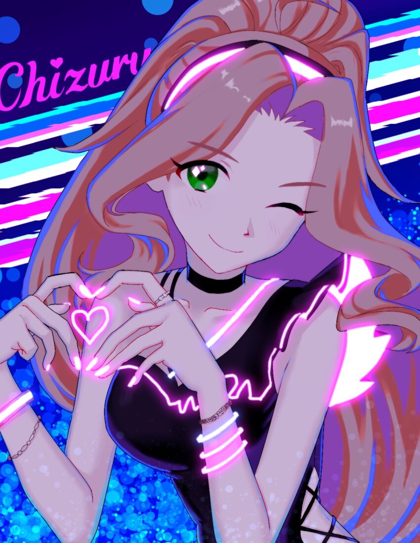 1girl four-finger_heart_hands bare_arms black_choker black_one-piece_swimsuit blue_background bracelet brown_hair character_name choker collarbone curtained_hair eyelashes frilled_one-piece_swimsuit frills glowing_nails green_eyes heart heart_hands highres idolmaster idolmaster_million_live! idolmaster_million_live!_theater_days jewelry light_blush neon_lights neon_trim nikaido_chizuru one-piece_swimsuit one_eye_closed pink_nails ponytail puruchamu ring single_bare_shoulder smile star_(symbol) star_in_eye swimsuit symbol_in_eye upper_body wristband