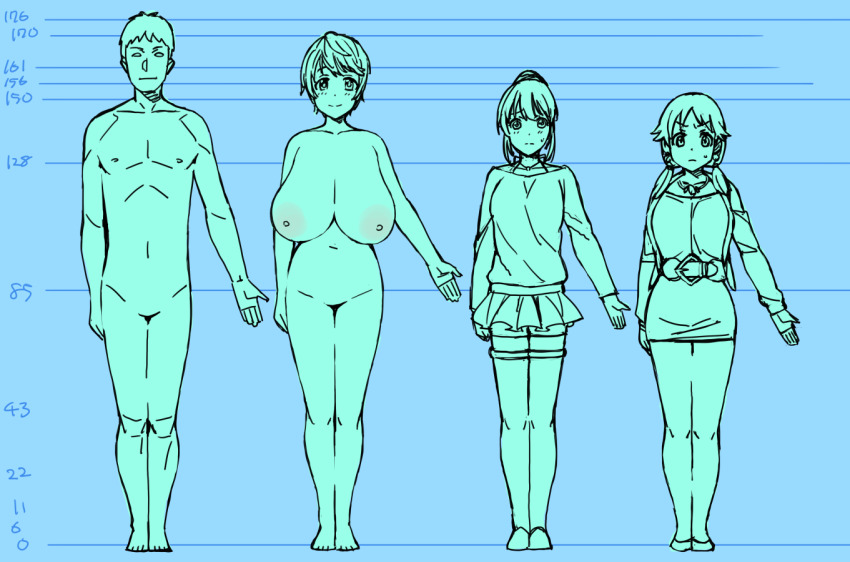1boy 3girls bare_legs belt blush breasts completely_nude dress embarrassed full_body height_chart height_difference huge_breasts idolmaster idolmaster_cinderella_girls jewelry katagiri_sanae large_areolae looking_at_viewer microskirt multiple_girls necklace nude oikawa_shizuku pole_(ppp1409) ponytail short_hair skirt smile standing tagme thighhighs tight_clothes tight_dress twintails