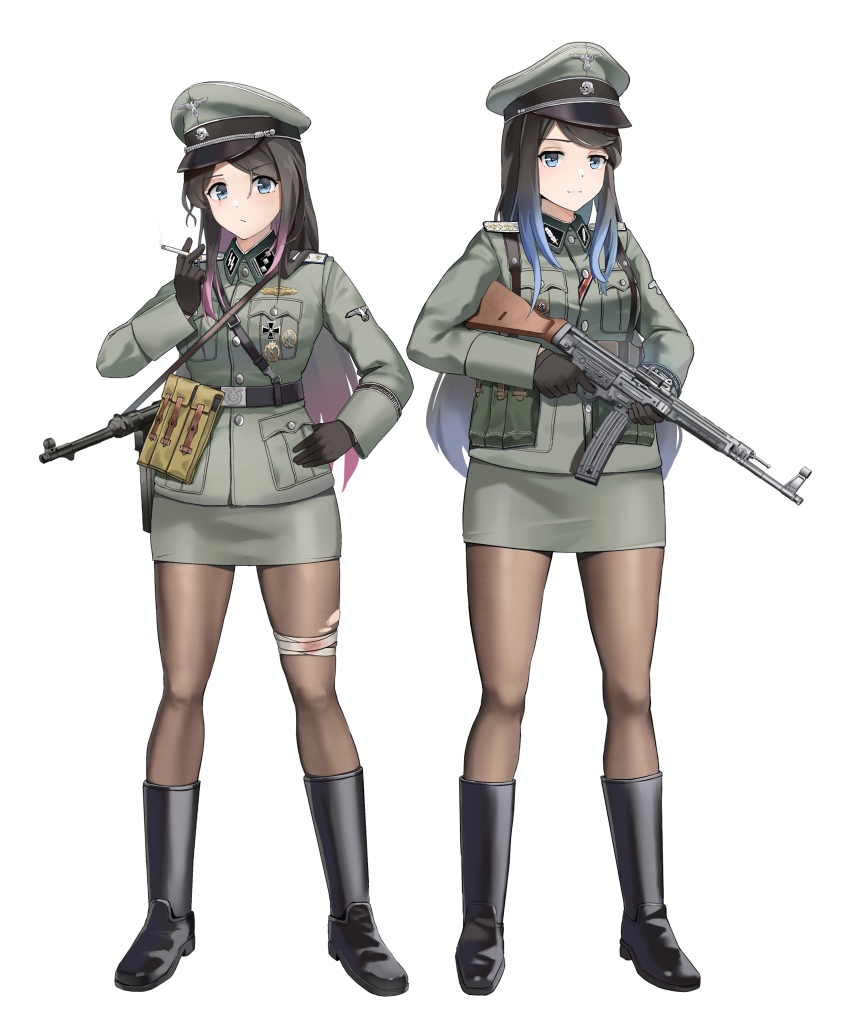 2girls absurdres assault_rifle black_footwear black_gloves black_hair black_legwear blue_eyes blue_hair boots breast_pocket cigarette epaulettes gloves gradient_hair green_headwear green_jacket green_skirt gun hat highres holding holding_cigarette holding_gun holding_weapon jacket long_hair long_sleeves magazine_(weapon) military military_uniform miniskirt mp40 multicolored_hair multiple_girls nazi original pantyhose peaked_cap pencil_skirt pocket purple_hair rifle skirt ss_insignia ss_uniform standing stg44 submachine_gun swastika totenkopf unicron_(brous) waffen-ss weapon world_war_ii