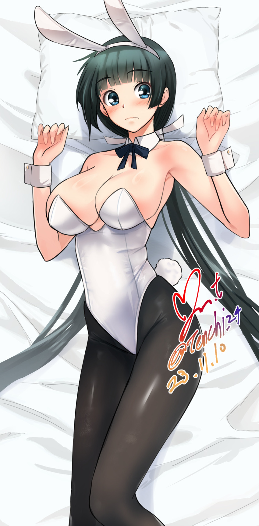 1girl animal_ears bed black_bow black_bowtie black_hair black_pantyhose blue_eyes blunt_bangs bow bowtie breasts dakimakura_(medium) dated detached_collar fake_animal_ears feet_out_of_frame highres large_breasts leotard long_hair low_twintails lying maji_de_watashi_ni_koi_shinasai! mayuzumi_yukie pantyhose pillow playboy_bunny rabbit_ears rabbit_tail ribbon signature solo strapless strapless_leotard tail twintails twitter_username white_leotard white_ribbon wrist_cuffs yoo_tenchi