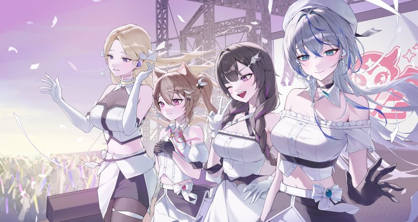 4girls absurdres ahoge animal_ear_fluff animal_ears bare_shoulders belt black_gloves black_hair black_skirt blonde_hair blue_eyes blue_hair bow braid breasts brown_hair cleavage collar crowd detached_collar elbow_gloves gloves glowstick grey_hair hand_on_own_hip hat highres lee_rein long_hair moon_momo multicolored_hair multiple_girls myao_(myaodayone) nana_ring off-shoulder_shirt off_shoulder one_eye_closed open_mouth pantyhose penlight_(glowstick) pink_hair purple_eyes see-through_cleavage see-through_clothes shirt skirt smile streaked_hair twin_braids v virtual_youtuber vlyz white_belt white_bow white_collar white_gloves white_hat white_shirt white_skirt yun_eze