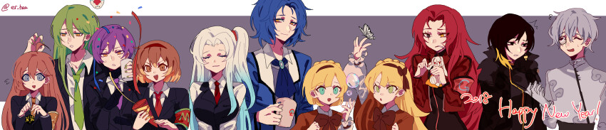 5boys 6+girls absurdres ahoge angela_(project_moon) anger_vein aqua_eyes armband ascot benjamin_(project_moon) big_bird_(project_moon) binah_(project_moon) bird black_bodysuit black_coat black_dress black_eyes black_gloves black_hair black_jacket black_vest blonde_hair blue_ascot blue_eyes blue_hair blue_jacket blue_nails bodysuit braid breasts brooch brown_armband brown_capelet brown_eyes brown_hair brown_hairband brown_necktie brown_ribbon bubble bug butterfly capelet chesed_(project_moon) closed_eyes closed_mouth coat collared_shirt commentary_request confetti crown_braid cup dress earrings er_hea facial_scar flat_chest flying_sweatdrops fur-trimmed_coat fur_trim gebura_(project_moon) gloves green_eyes green_hair green_nails green_necktie grey_gloves grey_hair grey_shirt grey_vest hair_between_eyes hair_ornament hairband hairclip happy_new_year heterochromia highres hod_(project_moon) holding holding_animal holding_cup holding_party_popper holding_rabbit insect jacket jewelry large_breasts light_blue_hair lobotomy_corporation long_hair long_image long_sleeves malkuth_(project_moon) medium_hair monocle mug multicolored_hair multiple_boys multiple_girls myo_(project_moon) neck_ribbon necktie netzach_(project_moon) new_year open_clothes open_coat open_jacket open_mouth parted_bangs party_popper project_moon punishing_bird purple_hair rabbit red_armband red_hair red_hairband red_nails red_necktie red_vest ribbon scar scar_across_eye scar_on_cheek scar_on_face shirt short_hair side_ponytail smile sweat teeth tiphereth_a_(project_moon) tiphereth_b_(project_moon) upper_teeth_only v-shaped_eyebrows vest white_butterfly white_shirt wide_image yellow_eyes yesod_(project_moon)