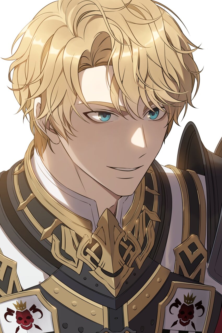 1boy absurdres armor blonde_hair blue_eyes breastplate character_request check_character commentary_request curtained_hair highres knight korean_commentary mabinogi male_focus parted_hair parted_lips pauldrons ray_(lthenray) short_hair shoulder_armor smile solo torvish_(mabinogi) white_background