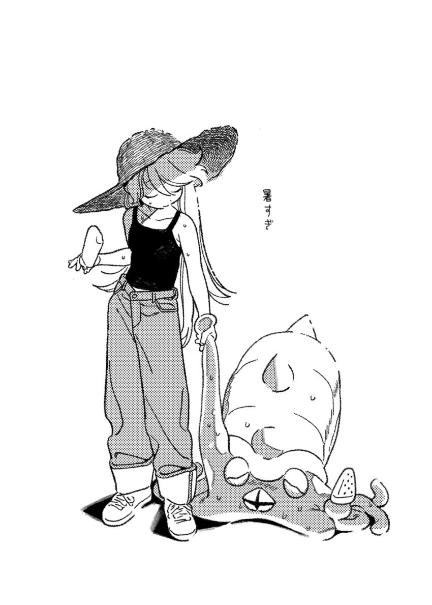 1girl blush closed_eyes facing_down food full_body game_freak gen_1_pokemon greyscale hat highres holding holding_food holding_popsicle holding_tentacle long_hair monochrome nintendo omastar pants pants_rolled_up pokemon pokemon_(creature) pokemon_adventures popsicle seirakun3 shoes simple_background sneakers solo straw_hat sun_hat sweat tank_top tentacles very_sweaty watermelon_bar yellow_(pokemon)