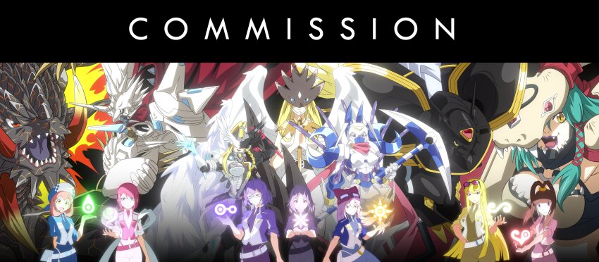 absurdres alphamon amano_nene_(digimon_xros_wars) armor braid breasts crests_(digimon) dianamon digicore_interface digimon digimon_(creature) digimon_linkz digimon_savers digimon_story:_cyber_sleuth digimon_story:_sunburst_and_moonlight digimon_world_re:digitize digimon_world_re:digitize_decode digimon_xros_wars fang goddess_(digimon_xros_wars) hair_ornament hairclip helmet highres jesmon kuremi_kyouko kurihara_hina long_hair mastemon mervamon mikagura_mirei mon_(digimon_rearise) officialseraphimon ponytail sayo_(digimon) split_ponytail volcanicdramon