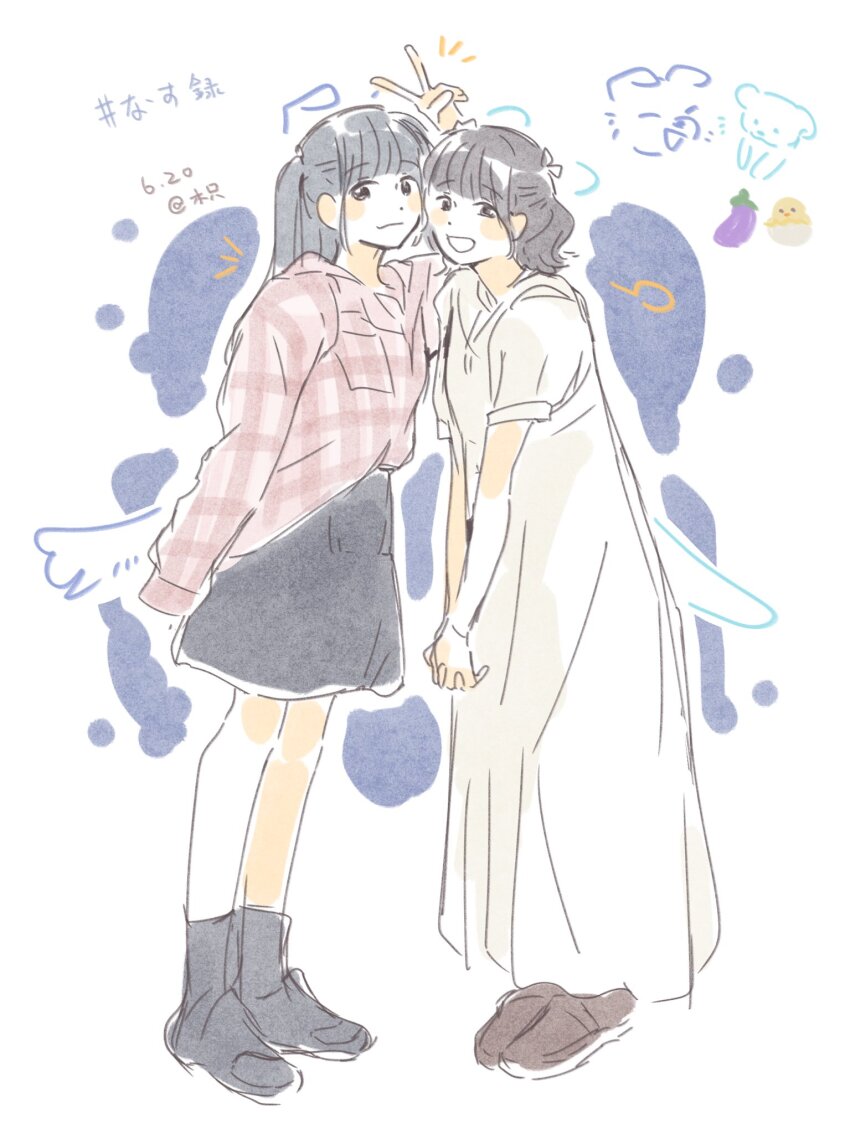 2girls animal_ears animification artist_name baby_animal bird black_hair black_shoes black_skirt black_socks blunt_bangs brown_shirt brown_shoes cat_ears cat_tail chick commentary dated dog_ears dog_tail drawn_ears drawn_tail dress eggplant full_body gingham_shirt grin half_updo hashtag highres loafers long_dress long_hair long_sleeves looking_at_viewer medium_hair medium_skirt multiple_girls nonaka_kokona notice_lines puff_of_air puffy_short_sleeves puffy_sleeves real_life sakurai_hina shirt shoes short_sleeves sidelocks signature skirt sleeves_past_fingers sleeves_past_wrists smile socks standing symbol-only_commentary tail v v_over_head voice_actor white_background white_dress woodonly