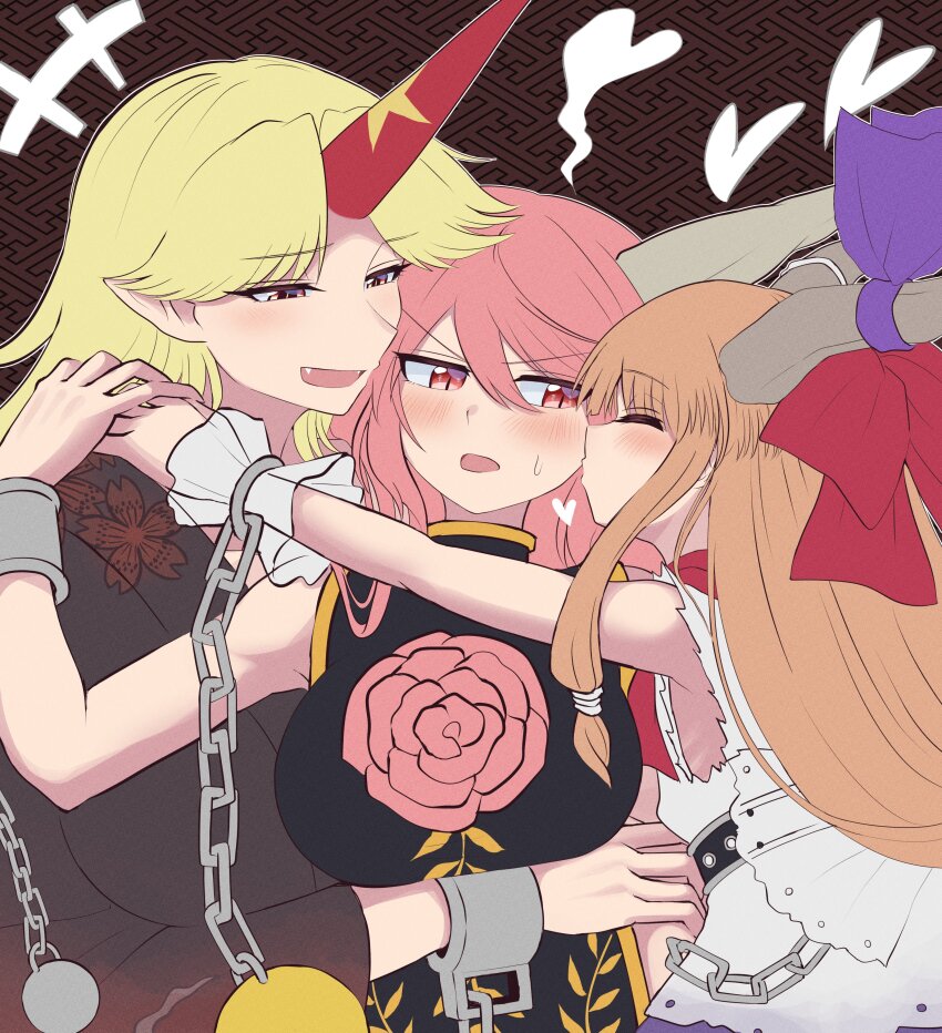 3girls abstract_background absurdres blonde_hair blush breasts brown_hair chain cuffs elaphe_guttata6 fangs heart highres holding_hands horns hoshiguma_yuugi hug ibaraki_douji_(touhou) ibuki_suika japanese_clothes kimono kiss kissing_cheek large_breasts multiple_girls oni pink_hair polyamory shackles single_horn touhou yuri