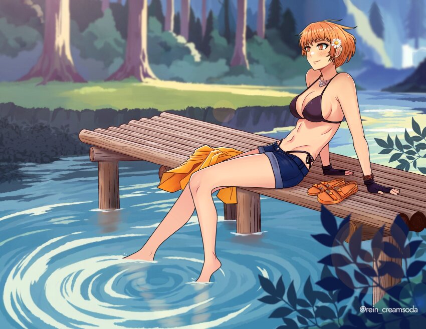 1girl bare_shoulders barefoot black_gloves blue_shorts breasts cleavage fingerless_gloves fire_emblem fire_emblem:_three_houses fire_emblem_heroes gloves highres leonie_pinelli medium_breasts navel nintendo orange_eyes orange_hair rein_creamsoda sandals short_hair short_shorts shorts sitting smile solo stomach thighs unworn_sandals water