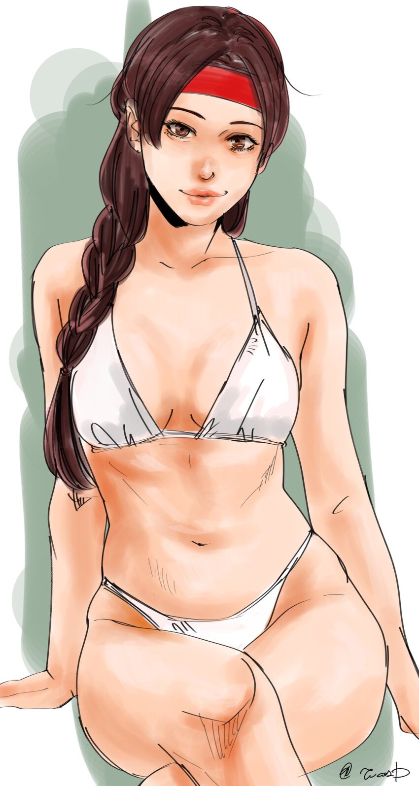 1girl bikini braid braided_ponytail breasts brown_eyes brown_hair crossed_legs female_focus headband highres long_hair looking_at_viewer medium_breasts pale_skin panties ponytail sitting smile smiley_face solo swimsuit the_king_of_fighters thighs tucon_b underwear white_bikini yuri_sakazaki