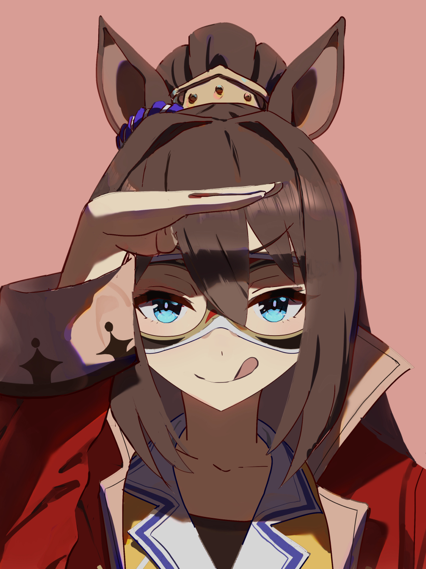 1girl :p absurdres animal_ears blue_eyes blush commentary_request domino_mask ear_ornament el_condor_pasa_(kukulkan_monk)_(umamusume) el_condor_pasa_(umamusume) hair_between_eyes hair_ornament highres horse_ears horse_girl jacket long_hair long_sleeves mask no_uwazumi open_clothes open_jacket pink_background ponytail red_jacket salute shirt simple_background smile solo tongue tongue_out umamusume upper_body yellow_shirt