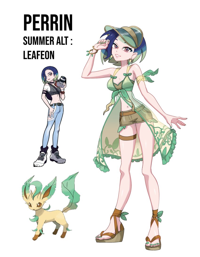 1girl absurdres alternate_costume armlet bandeau blue_eyeshadow blue_hair bob_cut bracelet breasts brown_bandeau brown_eyes brown_shorts brown_tube_top character_name cleavage earrings eyeshadow fingernails flip-flops gen_4_pokemon gradient_hair green_hair green_nails grin hand_up highres jewelry leafeon long_fingernails makeup medium_breasts multicolored_hair nail_polish navel nintendo official_art_inset parted_lips perrin_(pokemon) pink_eyeshadow pokemon pokemon_sv reference_inset rhymewithray sandals see-through_clothes see-through_headwear short_hair short_shorts shorts sleeveless_duster smile solo strapless toenail_polish toenails tube_top visor_cap