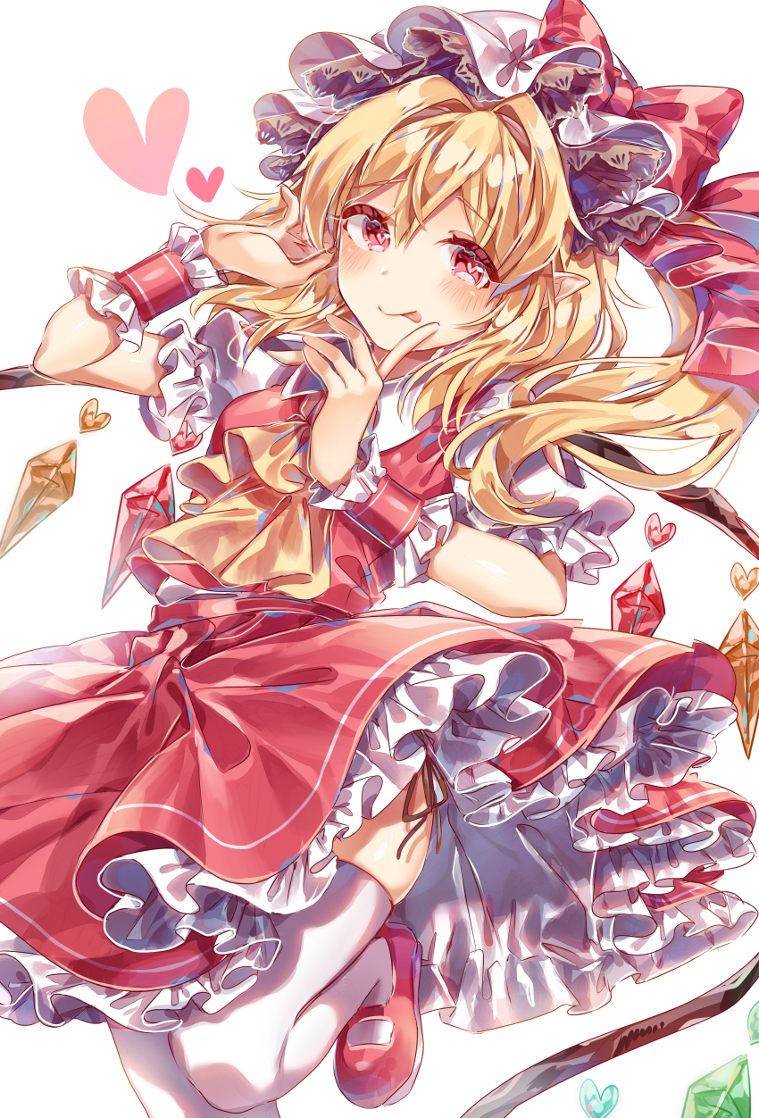 1girl :p absurdres ascot ayatsuki_sugure blonde_hair bow breasts commentary flandre_scarlet frilled_wrist_cuffs frills hair_between_eyes hair_intakes hat hat_bow heart heart-shaped_pupils highres leg_up long_hair mary_janes mob_cap petticoat puffy_short_sleeves puffy_sleeves red_bow red_eyes red_shoes red_skirt red_vest shirt shoes short_sleeves side_ponytail skirt small_breasts smile solo symbol-shaped_pupils thighhighs tongue tongue_out touhou vest white_hat white_shirt white_thighhighs wings wrist_cuffs yellow_ascot