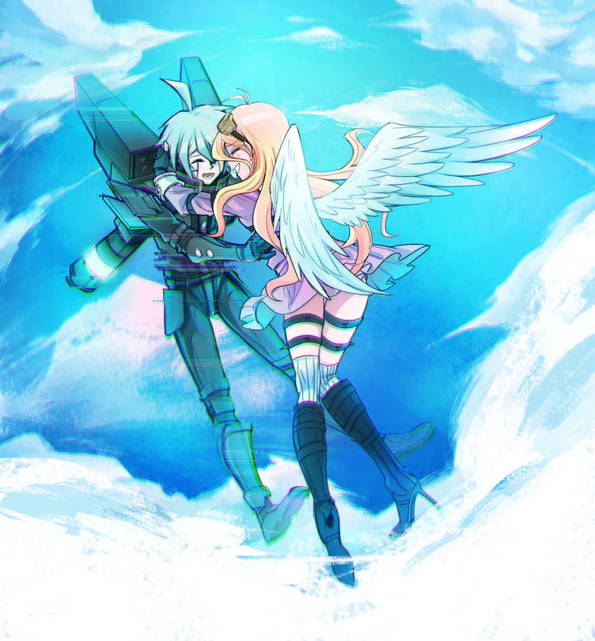 1boy 1girl ahoge android angel_wings antenna_hair armor blonde_hair blue_sky blush boots breasts choker closed_eyes cloud danganronpa_(series) danganronpa_v3:_killing_harmony fingerless_gloves full_body glitch gloves goggles goggles_on_head grey_hair hair_between_eyes happy high_heel_boots high_heels highres hungeronion iruma_miu jacket jetpack k1-b0 long_hair long_sleeves open_mouth pants pink_serafuku pink_shirt power_armor school_uniform serafuku shirt short_hair skirt sky smile static thighhighs wings