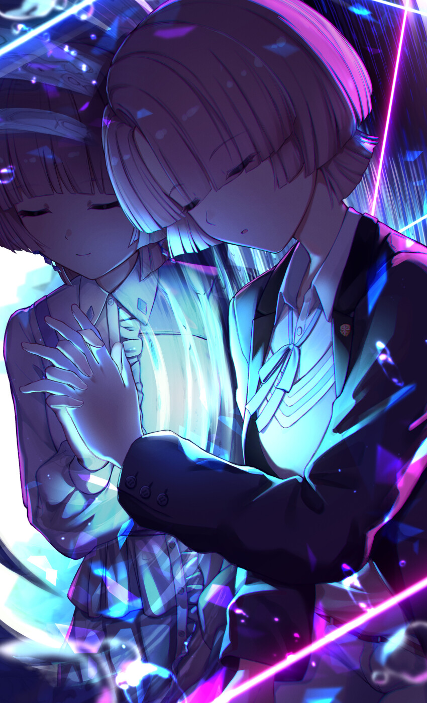 1girl absurdres arimura_mao black_jacket blue_dress cardigan closed_eyes commentary dress gakuen_idolmaster hair_over_one_eye highres holding_hands idolmaster interlocked_fingers jacket long_sleeves medium_hair nakata_(nkt_vvd) neck_ribbon open_mouth pink_hair ribbon shirt solo_focus white_coif white_shirt