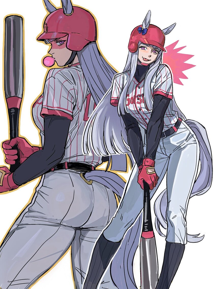 1girl absurdres animal_ears baseball_bat baseball_helmet baseball_jersey baseball_uniform batting_stance belt black_belt black_socks blowing_bubble_gum blunt_bangs bow breasts chewing_gum closed_mouth clothing_cutout ear_bow ears_through_headwear gloves gold_ship_(umamusume) grey_hair helmet highres holding holding_baseball_bat horse_ears horse_girl horse_tail jersey long_hair long_sleeves looking_at_viewer mayflyaa pants purple_eyes red_gloves red_helmet ribbed_socks smile socks sportswear tail tail_through_clothes tongue tongue_out umamusume undershirt