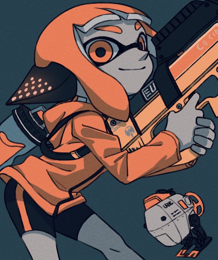 1girl agent_4_(splatoon) autobomb_(splatoon) behind-the-head_headphones bike_shorts black_shorts blue_background closed_mouth commentary_request cowboy_shot headphones hero_shot_(splatoon_2) highres holding holding_weapon hood hood_down hooded_jacket ink_tank_(splatoon) inkling jacket long_sleeves looking_at_viewer medium_hair nintendo oka_kabe orange_eyes orange_hair orange_jacket shorts sidelocks simple_background smile solo splatoon_(series) splatoon_2 tentacle_hair weapon