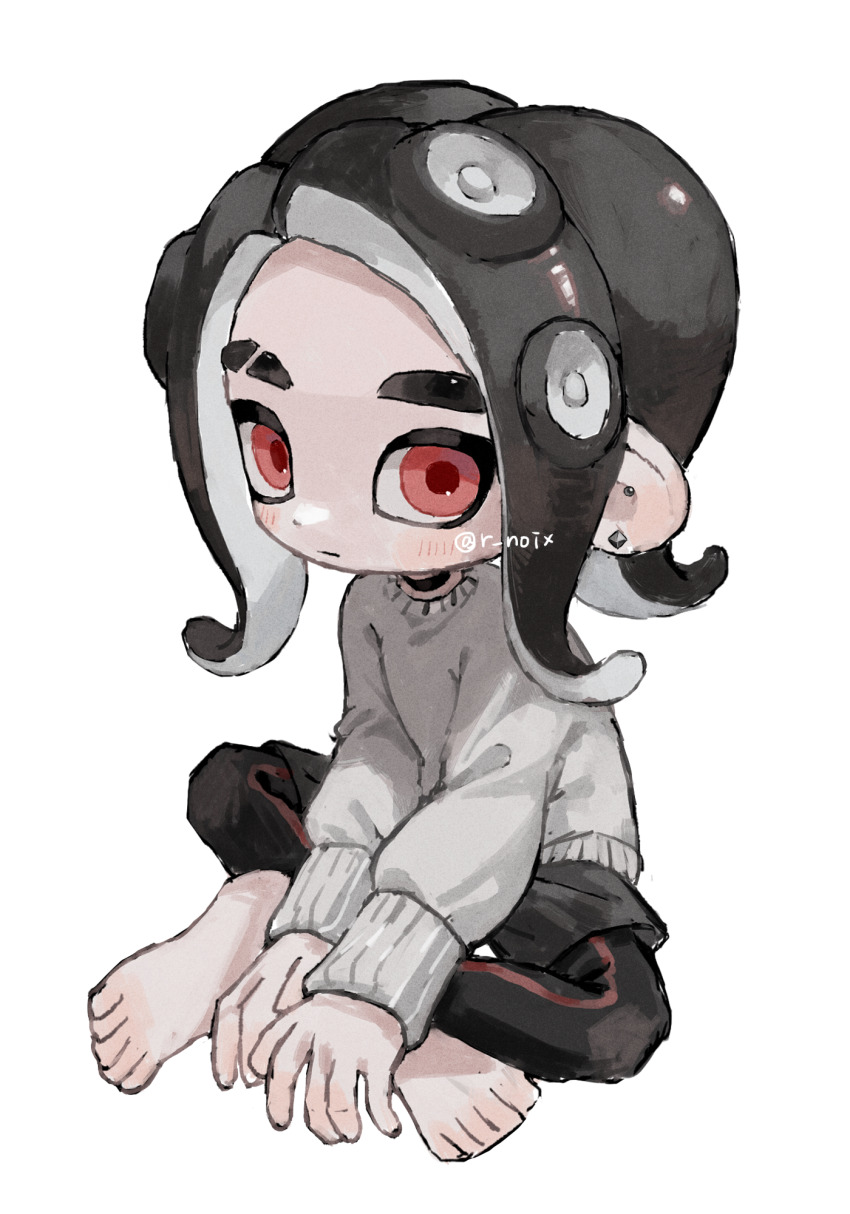 1boy barefoot black_choker black_hair black_pants choker closed_mouth commentary_request ear_piercing eyebrow_cut full_body grey_sweater highres indian_style looking_at_viewer male_focus medium_hair muted_color myon_rio nintendo octoling octoling_boy octoling_player_character pants piercing red_eyes sideways_glance simple_background sitting solo splatoon_(series) spot_color sweater tentacle_hair white_background
