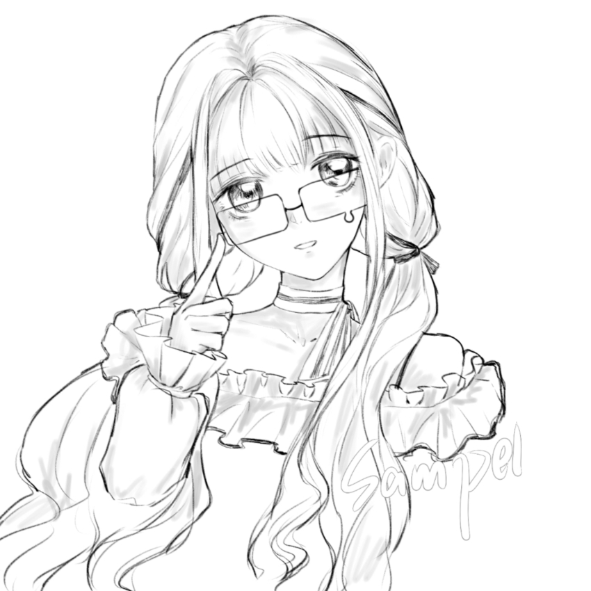 1girl bare_shoulders bespectacled blunt_bangs bow bow_choker bowtie bra_strap cherry.jin choker cropped_torso eyelashes finger_to_eyewear frilled_shirt frilled_sleeves frills glasses greyscale hair_bow hair_half_over_shoulder hair_intakes hair_ribbon highres infinity_nikki long_hair long_sleeves looking_at_viewer low_twintails monochrome nikki_(nikki) nikki_(series) off-shoulder_shirt off_shoulder open_mouth perfect_start_(infinity_nikki) puffy_long_sleeves puffy_sleeves ribbon sample_watermark shirt simple_background single_stripe sleeves_past_wrists smile solo striped_bow striped_bowtie striped_choker striped_clothes teardrop-framed_glasses tress_ribbon twintails very_long_hair watermark wavy_hair white_background