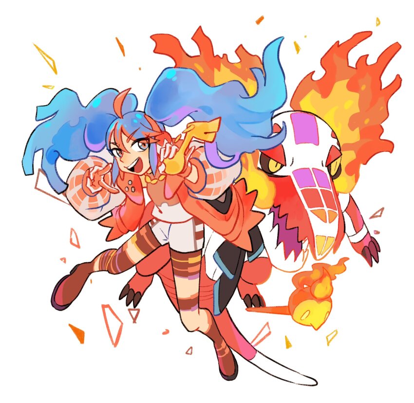 1girl black_sclera blue_hair colored_sclera fire fire_bird_(skeledirge) fire_miku_(project_voltage) full_body hair_between_eyes hatsune_miku highres holding jacket long_hair long_sleeves multicolored_hair nintendo nose oe_(yamifuti) open_clothes open_jacket open_mouth pokemon pokemon_(creature) project_voltage purple_hair red_hair shorts simple_background skeledirge teeth twintails upper_teeth_only v vocaloid white_background yellow_eyes