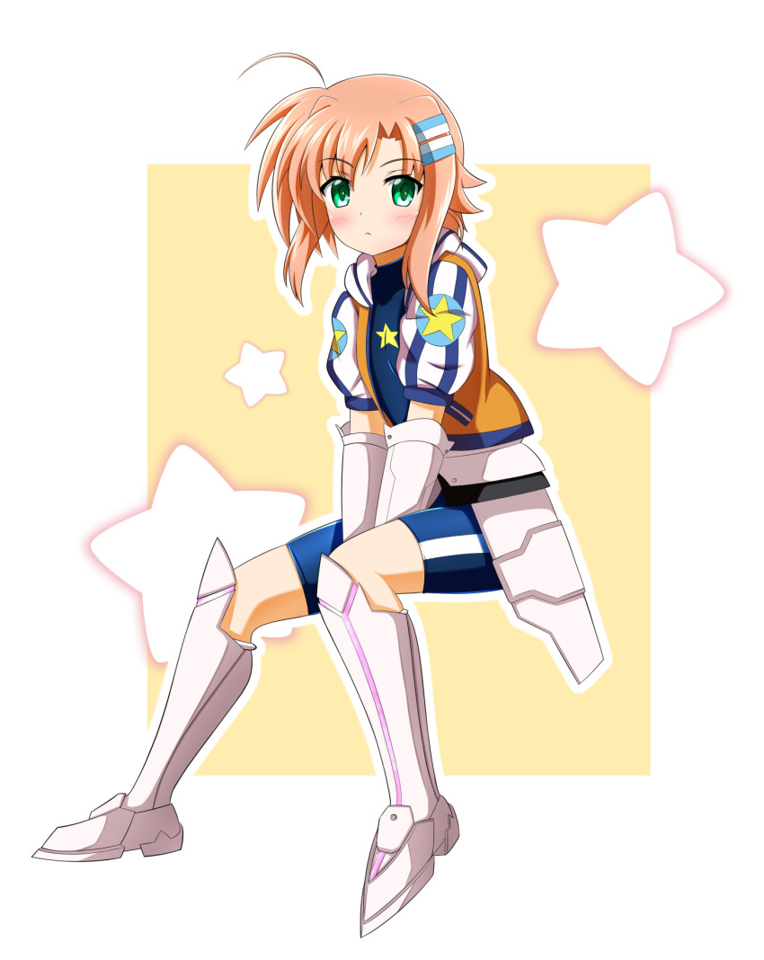 1girl armor bike_shorts blue_shirt blush border closed_mouth commentary_request faulds frown gauntlets gloves greaves green_eyes hair_ornament highres invisible_chair jacket looking_at_viewer lyrical_nanoha magical_girl mahou_shoujo_lyrical_nanoha_vivid miura_rinaldi open_clothes open_jacket orange_jacket oshimaru026 outline outside_border pink_hair shirt short_hair short_sleeves sitting solo star_(symbol) star_saber_(nanoha) v-shaped_eyebrows white_border white_footwear white_gloves white_outline