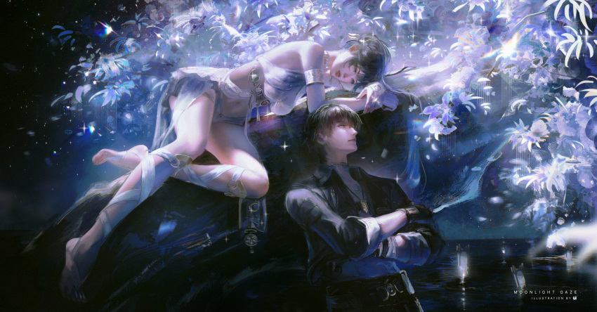 1boy 1girl absurdres ancient_greek_clothes armlet artist_name bare_shoulders barefoot black_gloves black_hair black_jacket black_skirt blue_eyes blue_flower blue_hair breasts cleavage closed_mouth collared_jacket commentary crossed_arms english_commentary english_text flower gloves greco-roman_clothes grey_shirt highres iuno_(wuthering_waves) jacket jewelry leg_wrap looking_at_another lying male_rover_(wuthering_waves) medium_breasts navel night on_branch on_side rover_(wuthering_waves) shirt showgirl_skirt skirt stomach tacet_mark_(wuthering_waves) thighs tree ui_uiiiiiiiii wuthering_waves yellow_eyes