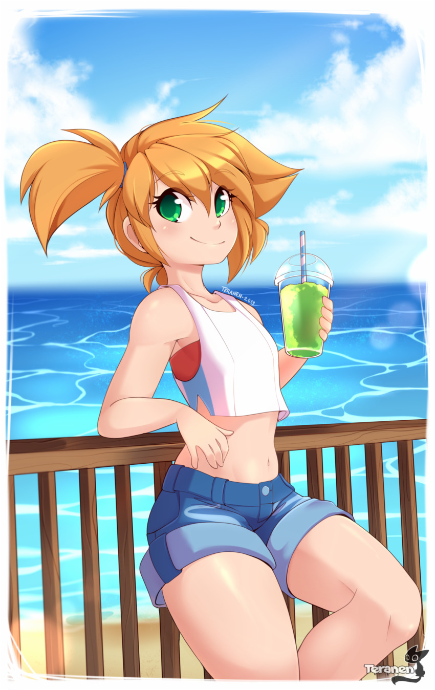 1girl artist_name bare_shoulders beach bikini bikini_under_clothes blue_background blue_shorts blue_sky blush border breasts closed_mouth cloud collarbone crop_top cup dated day disposable_cup drink drinking_straw female_focus green_eyes hair_between_eyes hair_tie hand_up happy highres holding holding_cup holding_drink horizon looking_at_viewer midriff misty_(pokemon) navel nintendo ocean orange_hair outdoors pokemon pokemon_lgpe railing red_bikini sand shirt short_hair short_shorts shorts side_ponytail sidelocks signature sky sleeveless sleeveless_shirt slushie small_breasts smile solo split_mouth standing stomach swimsuit swimsuit_under_clothes teranen water watermark white_border white_shirt