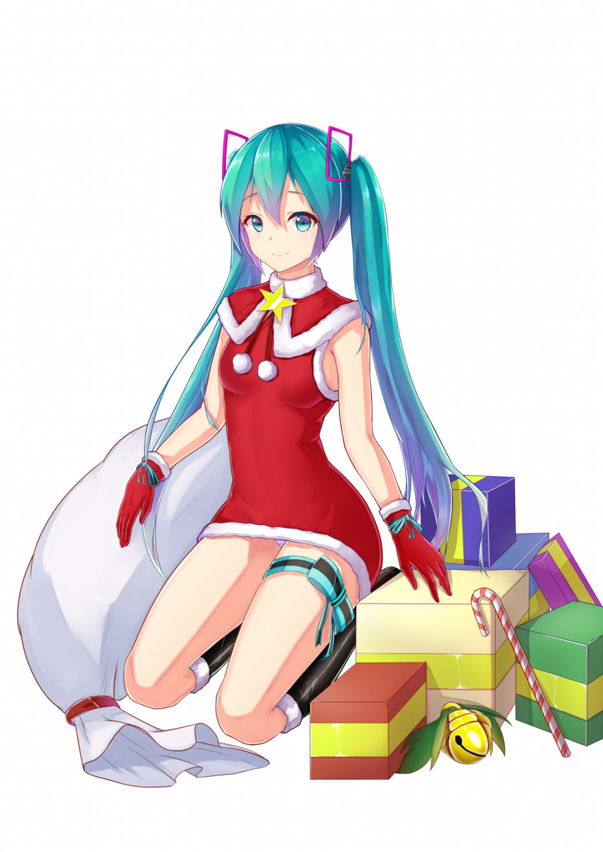 1girl black_boots blue_eyes blue_hair boots box capelet dress female_focus full_body fur_trim gift gift_bag gift_box gloves hair_between_eyes hair_ornament hatsune_miku highres knee_boots kneeling long_hair panties pantyshot red_capelet red_dress red_gloves santa_costume short_dress simple_background sleeveless sleeveless_dress smile solo star_(symbol) striped_clothes striped_panties thigh_strap twintails underwear very_long_hair vocaloid white_background white_panties zuiai_gongzhu_dianxia