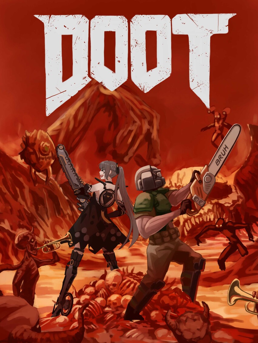 &gt;:) 1boy 1girl absurdres assault_visor black_dress braid chainsaw chainsword commentary demon doom_(2016) doom_(series) doomguy doot_(meme) dress gloves grey_hair grey_visor helmet highres holding holding_chainsaw holding_instrument holding_sword holding_trumpet holding_weapon instrument long_hair mechanical_arms mechanical_legs meme nanami:_pulse_(pgr) nanami_(pgr) ponytail punishing:_gray_raven shirt short_dress sword trashpanda_11b trumpet v-shaped_eyebrows very_long_hair weapon
