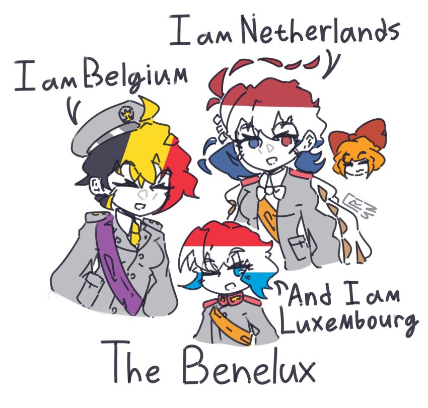 4girls belgian_flag black_hair blonde_hair blue_hair closed_eyes commentary dutch_flag english_commentary english_text grey_jacket highres jacket long_sleeves luxembourgish_flag medium_hair multicolored_hair multiple_girls mymy_schoppenboer one_eye_closed ongezellig open_mouth orange_hair original red_hair shirt trun2554 white_background white_shirt