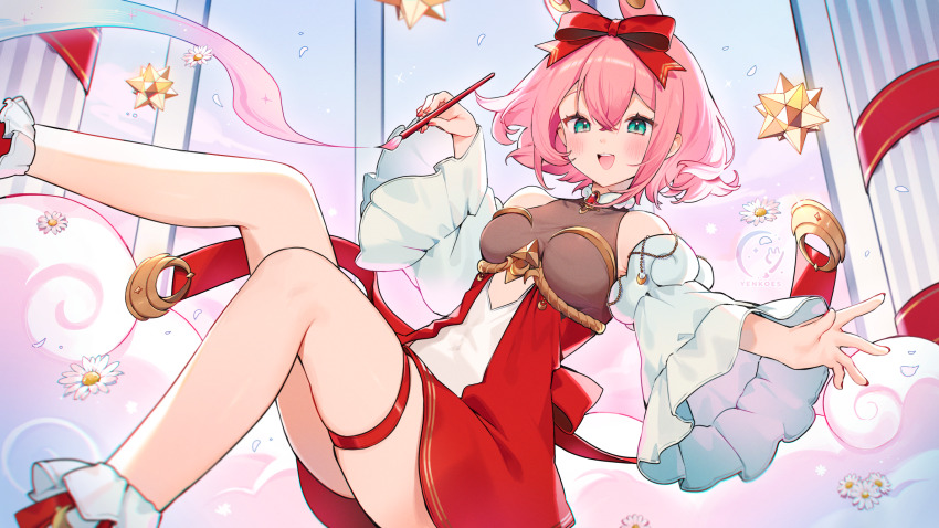 1girl :d animal_ears bare_legs blue_eyes detached_sleeves dress extra_ears hair_ribbon highres holding holding_paintbrush indie_virtual_youtuber long_sleeves medium_hair open_mouth paintbrush pink_hair rabbit_ears red_dress red_nails ribbon smile solo thigh_strap virtual_youtuber yenkoes