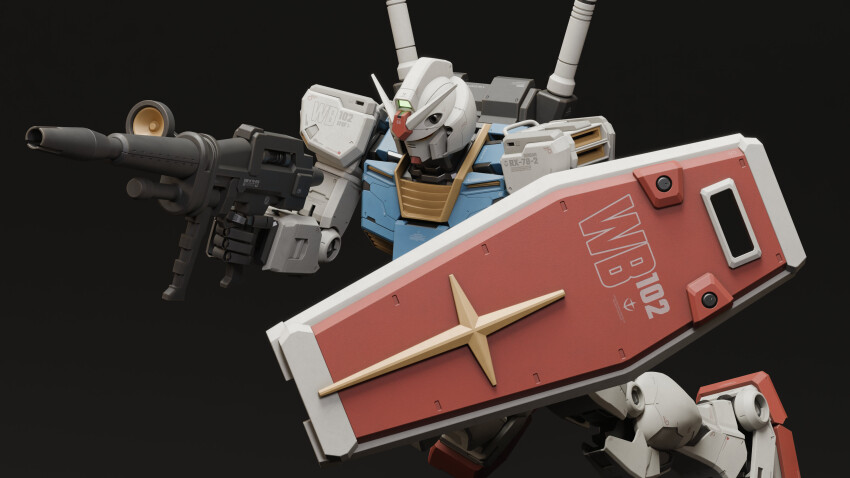 3d absurdres aiming beam_rifle blender_(medium) commentary cross earth_federation emblem energy_gun english_commentary english_text flying gundam highres machinery mecha mecha_focus mjeff mobile_suit mobile_suit_gundam no_humans realistic robot roundel rx-78-2_gundam science_fiction scope shield space v-fin weapon zero_gravity